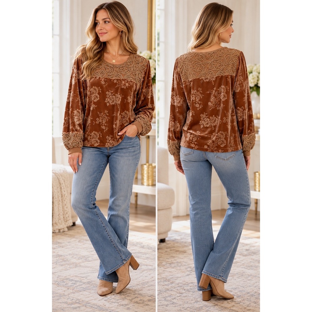 Sterling & Stitch Brown Velvet Floral Top Size M | Boho Luxe, Romantic Vintage